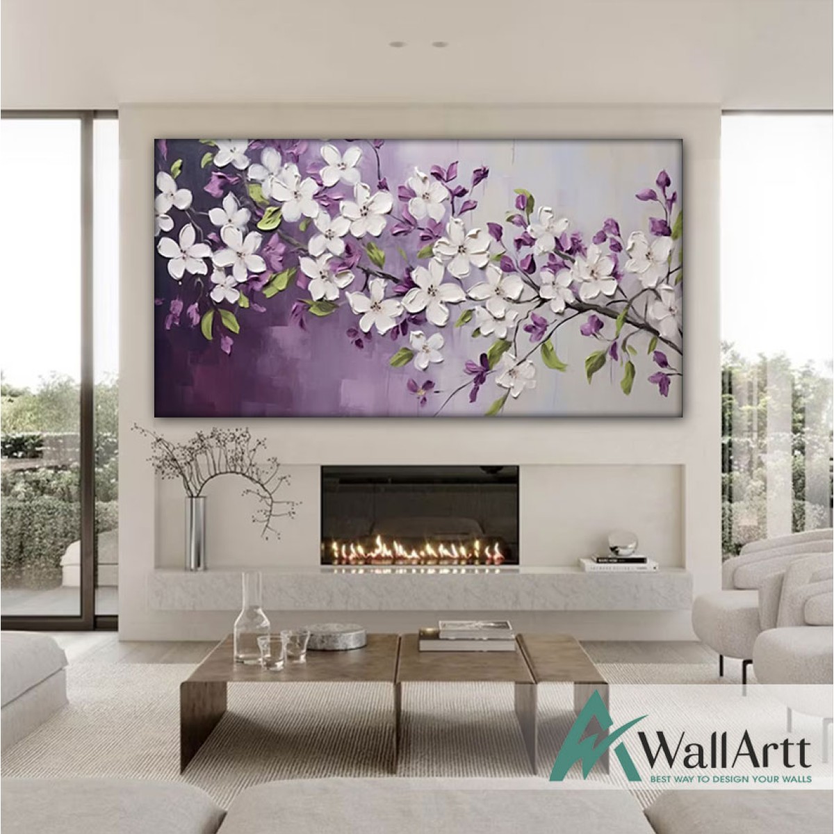 White Flowers n Purple Leaves 3d Heavy Textured Partial Oil Painting